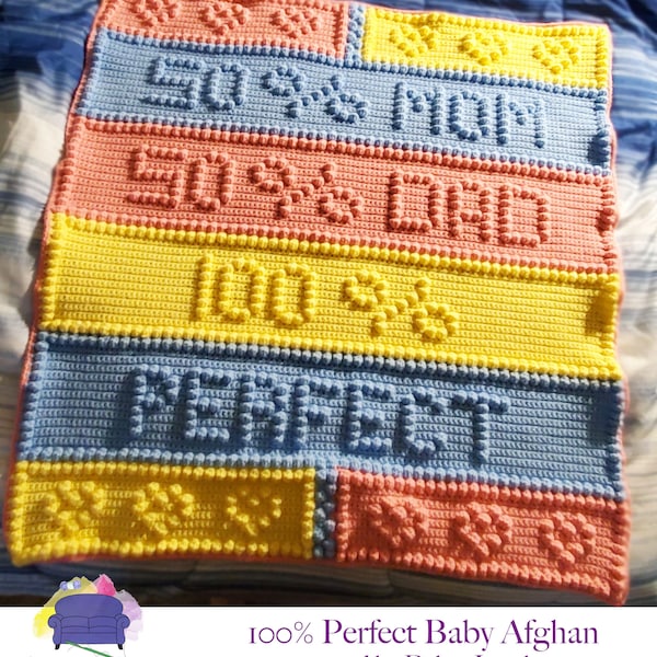 100 Percent Perfect Baby Afghan Bobble Stitch Crochet Pattern, Written Row by Row, Color Counts, Instant Download, Graphgan Pattern