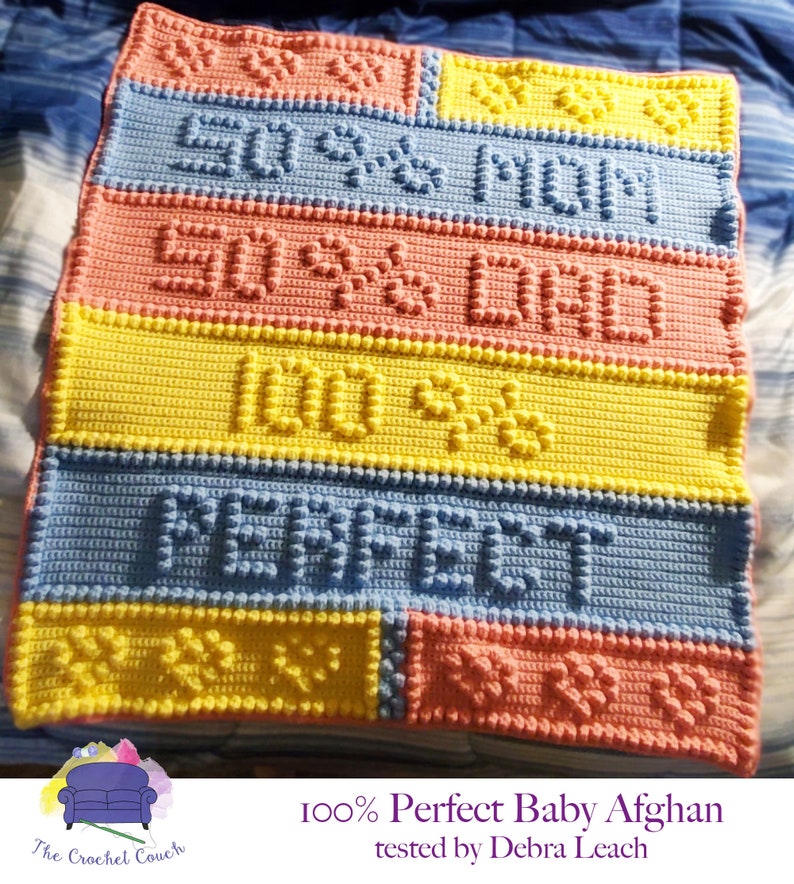 Image of 100 Percent Perfect Baby Afghan, Bobble Stitch Crochet Pattern shown in colors of yellow, peach and blue.  Crocheted by Debra Leach