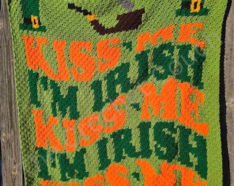 Kiss Me I'm Irish Afghan C2C Crochet Pattern, St. Patrick's Day Crochet Afghan Pattern