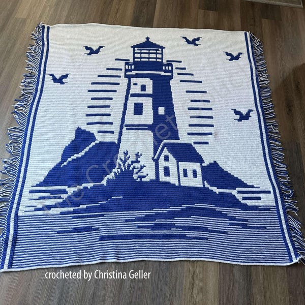 Beacon Bay Lighthouse Afghan, Overlay Mosaic Crochet Pattern, Graph and Written Row by Row Included