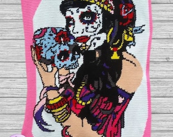 Sugar Skull Pin Up SC Graph Crochet Pattern, Written Row by Row Counts, Graphgan, Sugar Skull Pin Up Afghan, Blanket, Graph Crochet