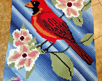 Cardinal on Flower Afghan C2C Crochet Pattern, Written Row by Row, Color Counts, Instant Download, C2C Graph, C2C Pattern, Corner to Corner