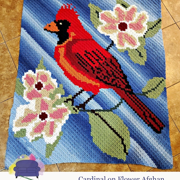 Cardinal on Flower Afghan C2C Crochet Pattern, Written Row by Row, Color Counts, Instant Download, C2C Graph, C2C Pattern, Corner to Corner