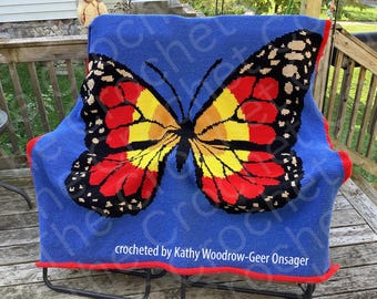 Sunset Butterfly Afghan SC / TSS Crochet Pattern, Written Row Counts for single crochet and tunisian simple stitch