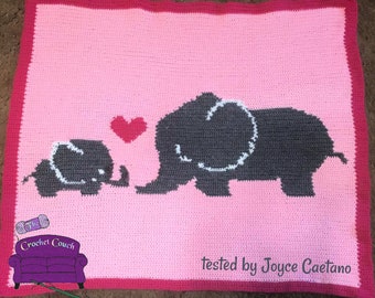 Elephant Mommy and Baby Afghan SC / TSS Crochet Pattern, Written Row Counts for single crochet and tunisian simple stitch