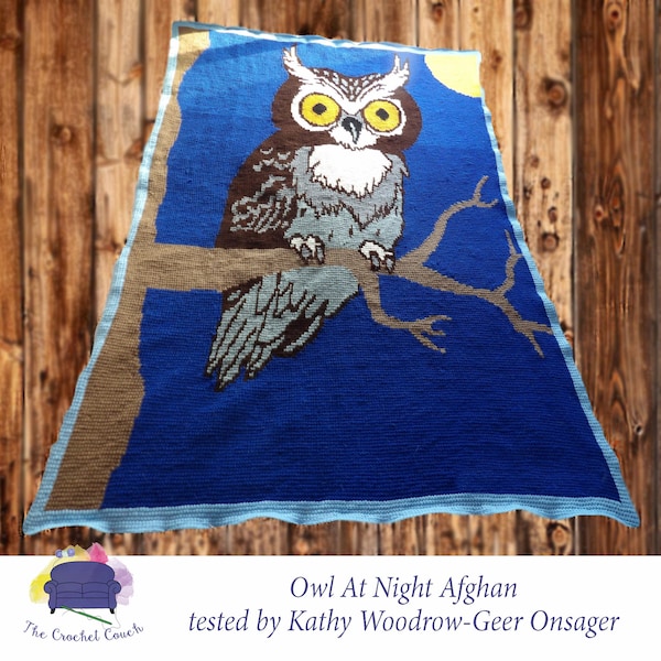 Owl at Night Afghan SC / TSS Crochet Pattern, Written Row Counts for single crochet and tunisian simple stitch