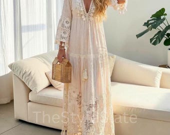 ボヘミアン風マキシドレス（女性用）、レースビーチドレス、ゆったりとしたバケーション衣装、ロマンチックなサマードレス、エレガントなリゾートウェアドレス