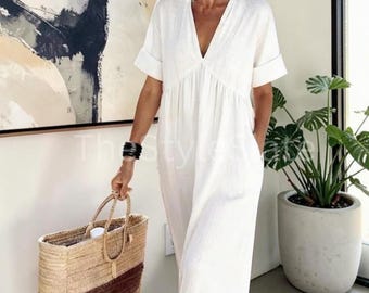 レディース ボヘミアンスタイル リネン マキシドレス ― ゆったりとしたフィット感、Vネック、ロールアップスリーブのカジュアルなロングドレス。夏に最適。