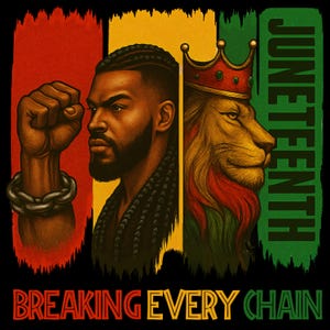 May include: A digital illustration with a black background. The image features a man with a fist raised and a lion wearing a crown. The text reads "Juneteenth" and "Breaking Every Chain" in red, yellow, and green.