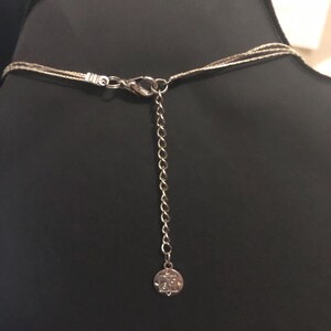 Puede incluir: Collar plateado con m&uacute;ltiples hilos finos, un cierre de mosquet&oacute;n y una cadena ajustable. El collar se exhibe en un maniqu&iacute; negro. Un peque&ntilde;o dije redondo cuelga al final de la cadena.