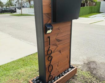 Custom Cedar Mailbox with House Numbers, Mid Century Modern Exterior Decor