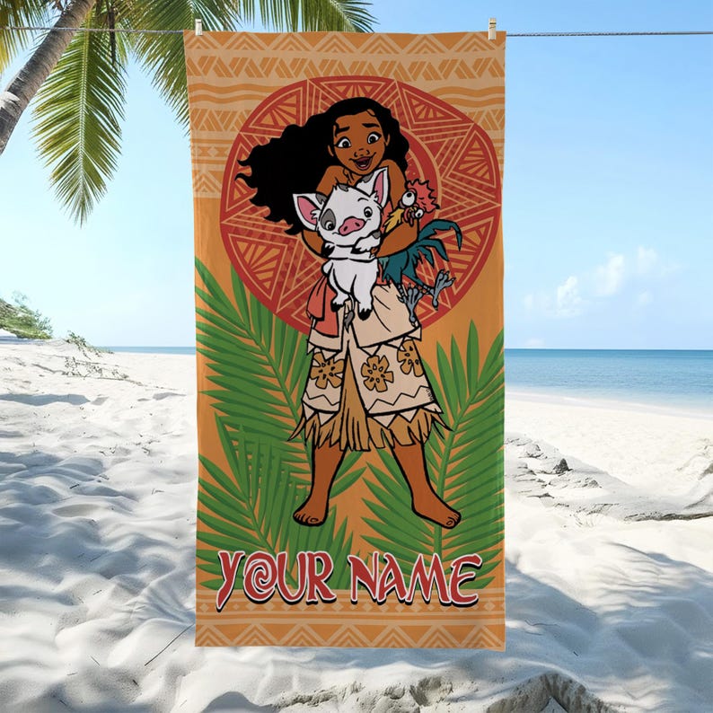 May include: A rectangular beach towel featuring a cartoon illustration of a girl with long dark hair holding a white piglet and a rooster. The design includes green palm leaves, a red circular pattern, and the text YOUR NAME in red letters.