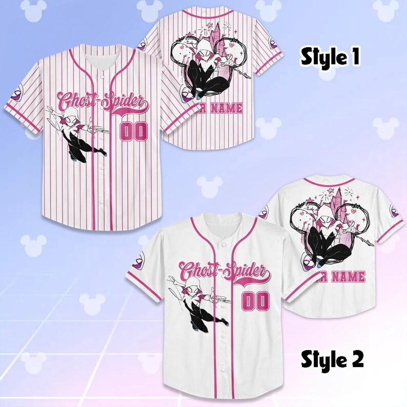 May include: Two baseball jerseys, one striped and one solid white, featuring a Ghost-Spider graphic. The jerseys have pink accents, the number "00", and the text "Ghost-Spider". Style 1 is striped, and Style 2 is white.