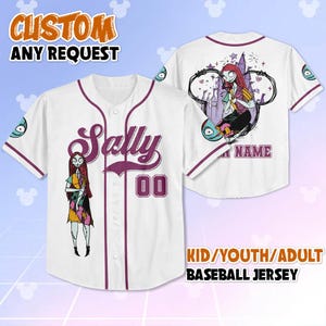 May include: White baseball jersey with purple accents, featuring a cartoon character design. The front displays the name "Sally" and the number "00". The back has a matching design with the text "NAME". The jersey is available in kid, youth, and adult sizes.
