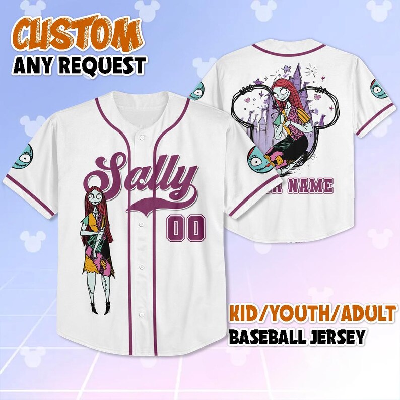 May include: White baseball jersey with purple accents, featuring a cartoon character design. The front displays the name "Sally" and the number "00". The back has a matching design with the text "NAME". The jersey is available in kid, youth, and adult sizes.