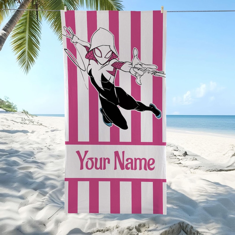 May include: A rectangular beach towel featuring a vertical pink and white striped pattern. Centered is a graphic illustration of a masked character in a black, white, and pink suit shooting a web. Below the character is the text Your Name.