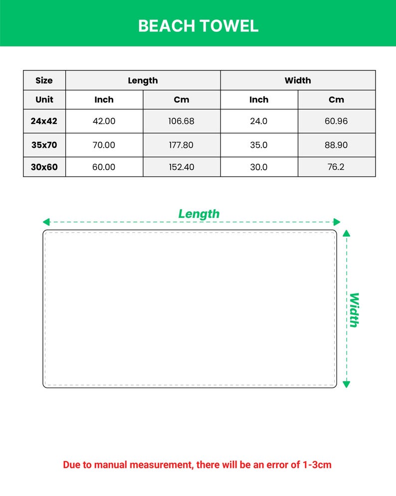Pode incluir: Uma tabela de tamanhos de toalha de praia com o texto BEACH TOWEL no topo. Uma tabela lista tr&ecirc;s tamanhos em polegadas e cent&iacute;metros: 24x42 polegadas (106,68x60,96 cm), 35x70 polegadas (177,80x88,90 cm) e 30x60 polegadas (152,40x76,2 cm).