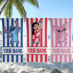 May include: Three rectangular beach towels featuring vertical stripes and cartoon characters. The left towel is blue with Stitch, the center is red with Lilo, and the right is pink with Angel. Each towel includes the placeholder text YOUR NAME.