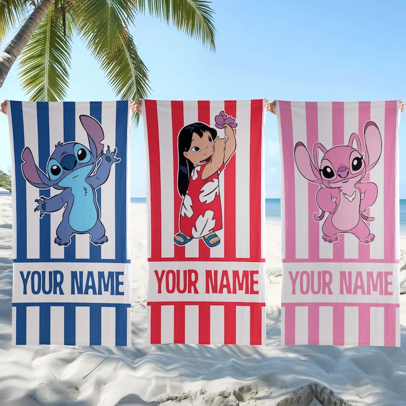 May include: Three rectangular beach towels featuring vertical stripes and cartoon characters. The left towel is blue with Stitch, the center is red with Lilo, and the right is pink with Angel. Each towel includes the placeholder text YOUR NAME.