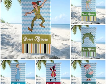 Custom Name Peter Pan Beach Towel, Peter Pan Movie Characters Beach Towel, Personalized Disney Beach Towel, Summer Pool Towel Gift