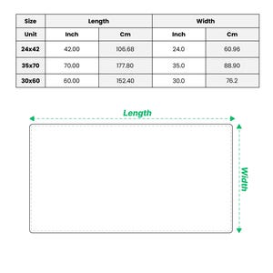 May include: A beach towel size chart with the text BEACH TOWEL at the top. A table lists three sizes in inches and centimeters: 24x42 inches (42.00x24.0 inches), 35x70 inches (70.00x35.0 inches), and 30x60 inches (60.00x30.0 inches).