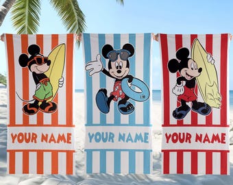 Mickey Mouse Beach Towel, Personalized Disney Pool Towel, Summer Vacation Towel for Kids, Mickey Mouse Fan Gift