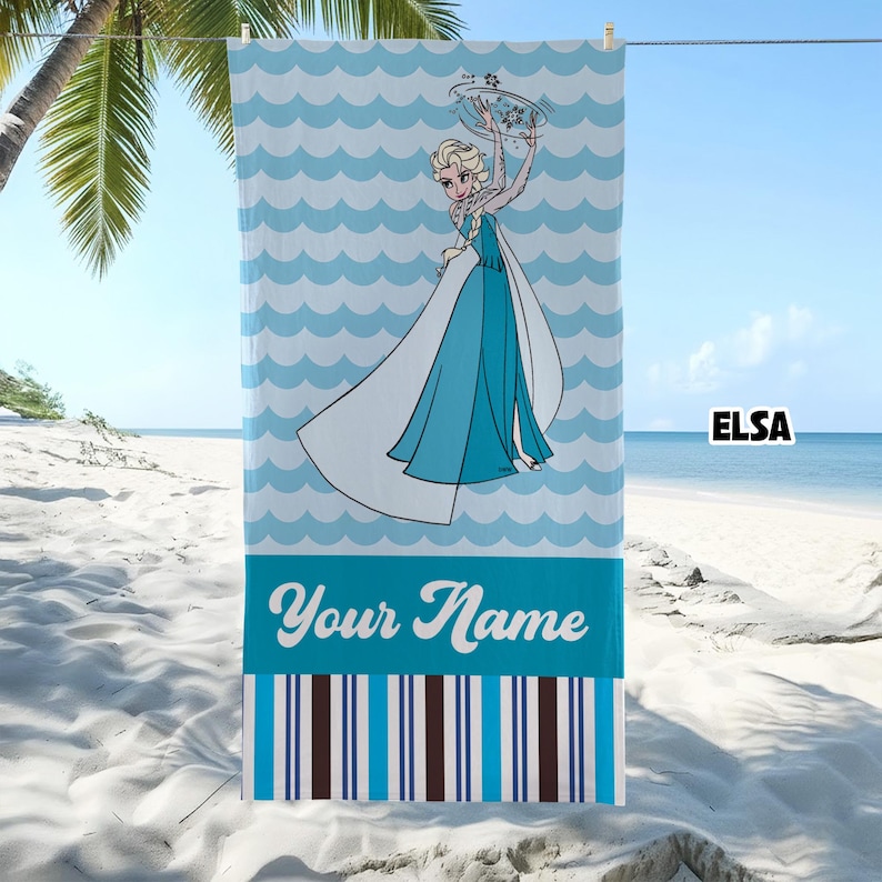 May include: A rectangular beach towel featuring a light blue and white wavy pattern background with a central illustration of a blonde character in a blue gown holding a snowflake. The bottom section includes the text Your Name above vertical stripes.