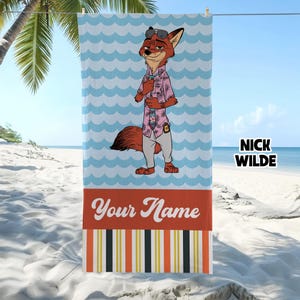 May include: A rectangular beach towel featuring a cartoon fox wearing sunglasses, a pink floral shirt, and a tie. The background has light blue waves. Below the fox is a red horizontal band with the text Your Name and vertical orange stripes.