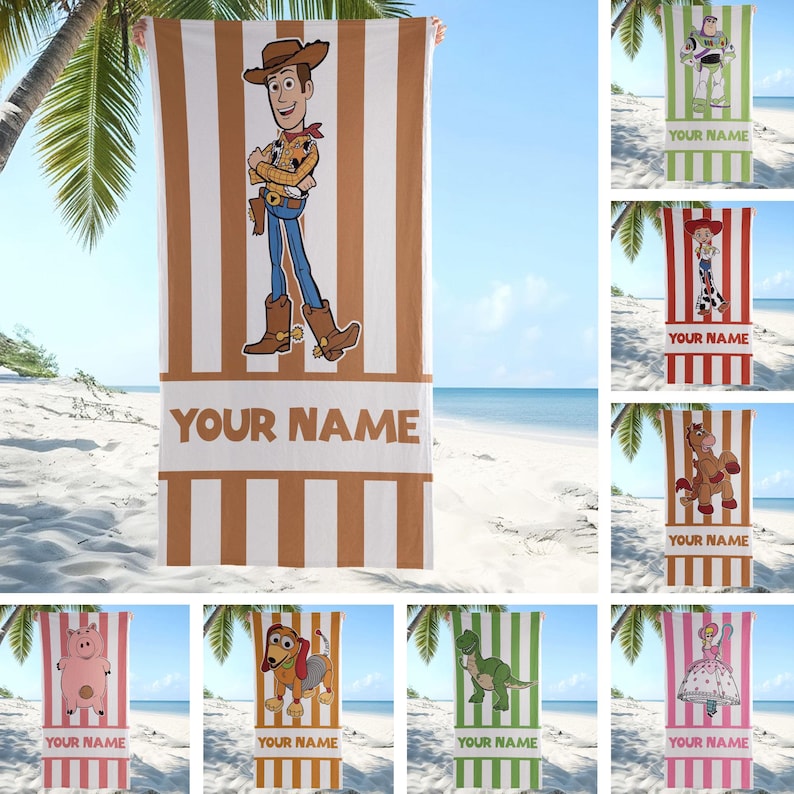 May include: A rectangular beach towel featuring a vertical striped pattern in white and brown. The centre displays a graphic of the character Woody from Toy Story, with a horizontal band below containing the placeholder text YOUR NAME.