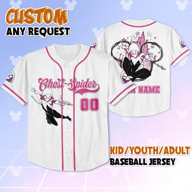 May include: White baseball jersey with pink trim and a Ghost-Spider graphic. The front features the text "Ghost-Spider" and the number "00". The back has a Ghost-Spider design and space for a name. The jersey is available in kid, youth, and adult sizes.