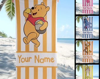 Personalized Winnie the Pooh Beach Towel, Disney Pool Towel, Summer Vacation Towel, Pooh Bear Fan Gift