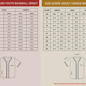 May include: Size guide for kids, youth, and adult unisex baseball jerseys. Measurements are in inches and centimeters. Includes chest, length, bust, sleeve, and shoulder dimensions. Diagrams of the jerseys are also included.
