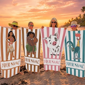 May include: Four rectangular beach towels featuring vertical stripes and cartoon characters from Moana. Each towel displays a unique character: Moana, Maui, Pua the pig, or Heihei the rooster. The text YOUR NAME is printed at the bottom of each.