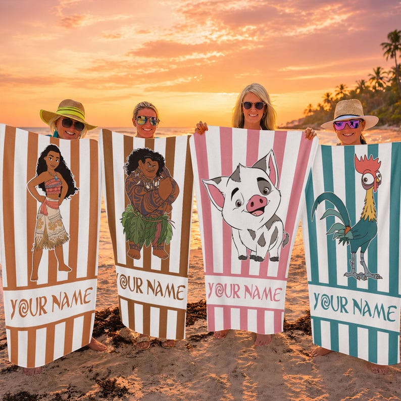 May include: Four rectangular beach towels featuring vertical stripes and cartoon characters from Moana. Each towel displays a unique character: Moana, Maui, Pua the pig, or Heihei the rooster. The text YOUR NAME is printed at the bottom of each.
