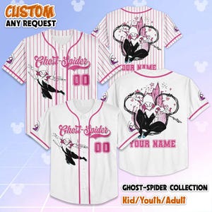 May include: Baseball jerseys in white and pink, featuring the Ghost-Spider character. The jerseys have the text "Ghost-Spider" and the number "00". The back of the jerseys have a Ghost-Spider graphic and the option to add a name. The image also includes the text "CUSTOM ANY REQUEST" and "GHOST-SPIDER COLLECTION Kid/Youth/Adult".