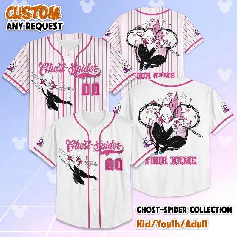May include: Baseball jerseys in white and pink, featuring the Ghost-Spider character. The jerseys have the text "Ghost-Spider" and the number "00". The back of the jerseys have a Ghost-Spider graphic and the option to add a name. The image also includes the text "CUSTOM ANY REQUEST" and "GHOST-SPIDER COLLECTION Kid/Youth/Adult".