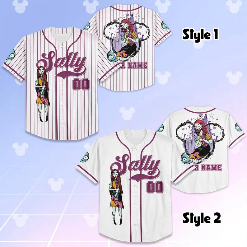 May include: Two baseball jerseys, one pinstriped and one white, featuring a cartoon character design. The jerseys have the name "Sally" and the number "00" on the front. The back of the jerseys display a character illustration within a Mickey Mouse-shaped frame.