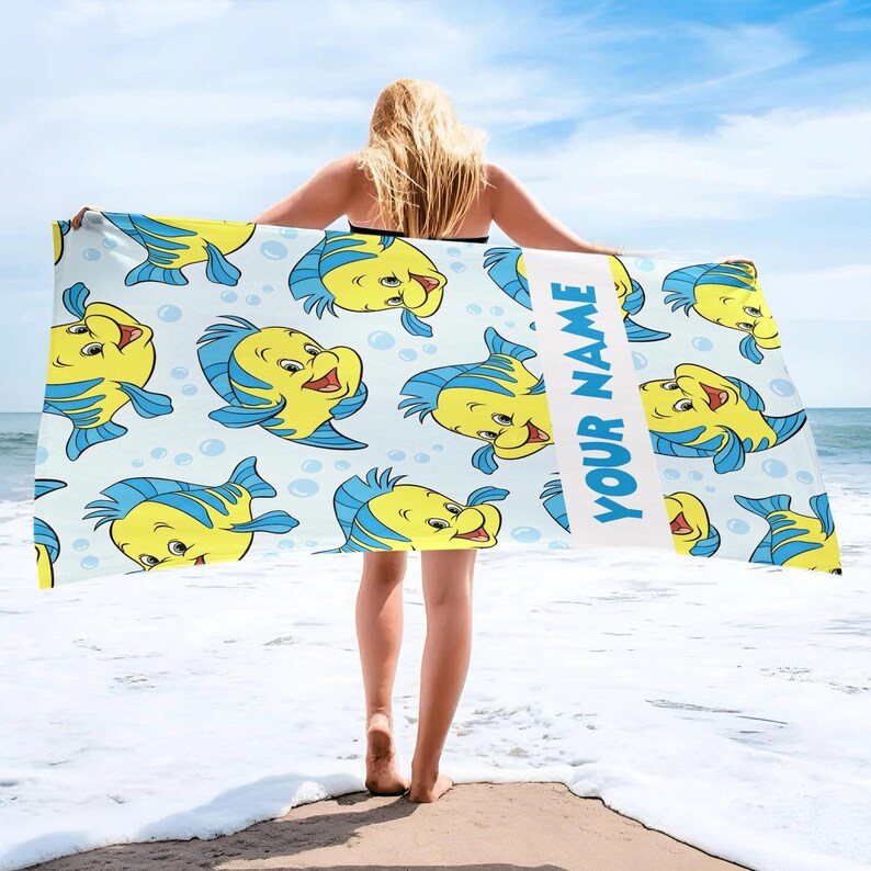 Custom Flounder Beach Towel, Personalized The Little Mermaid Kids Beach Towel, Disney Flounder Cartoon Ocean Towel image 2