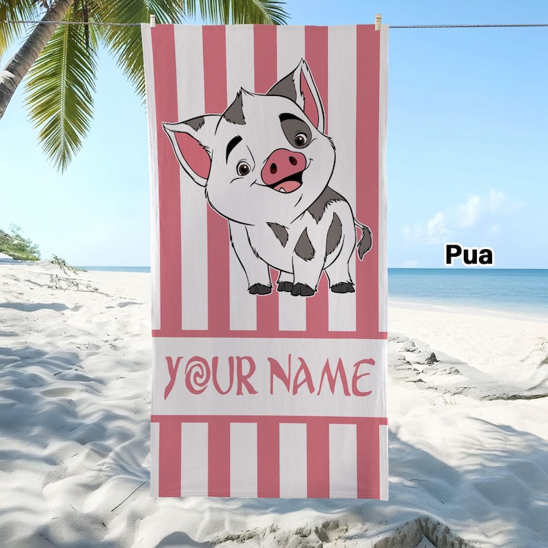 May include: A rectangular beach towel featuring vertical pink and white stripes. The center displays a cartoon pig with grey spots and a pink snout. Below the pig, the text reads YOUR NAME in a stylized font. The design is centered on the towel.