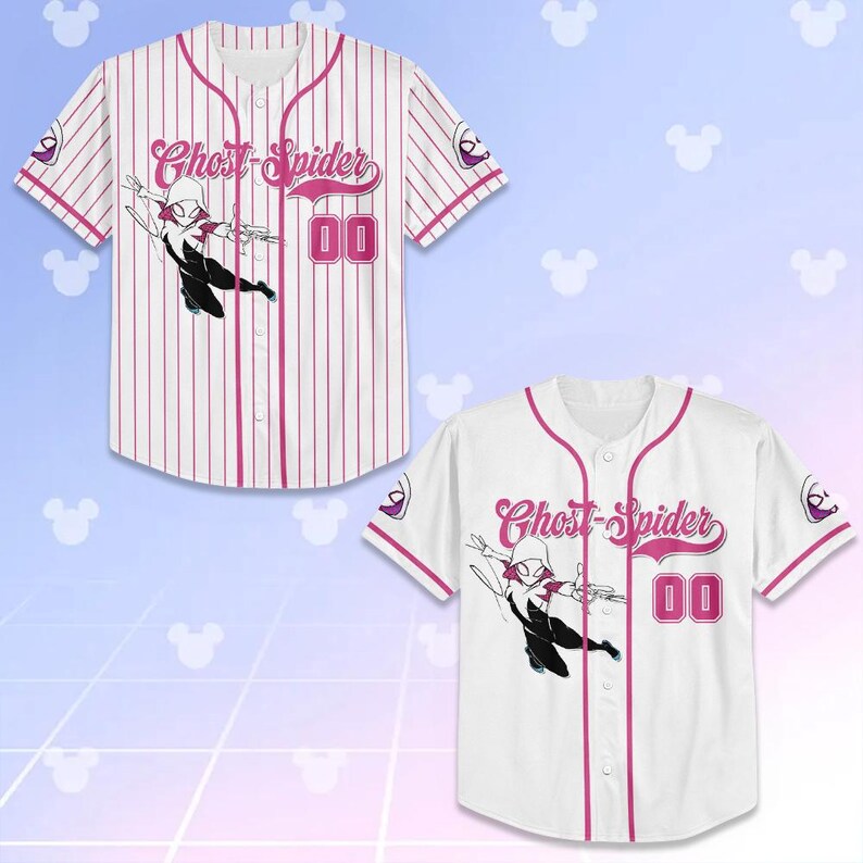 May include: Two baseball jerseys, one striped and one solid white, featuring the Ghost-Spider character. Both jerseys have pink accents, the character's name, and the number "00". The jerseys have short sleeves and a button-up front.