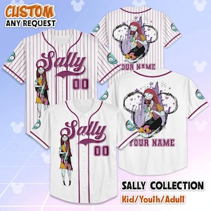 May include: White baseball jerseys with the name "Sally" and the number "00" in a purple font. One jersey has vertical purple stripes. The jerseys feature a Sally character graphic and the text "YOUR NAME". The text "SALLY COLLECTION" and "Kid/Youth/Adult" are also visible.