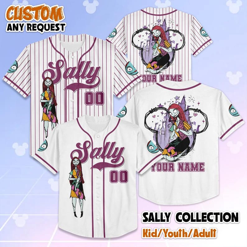 May include: White baseball jerseys with the name "Sally" and the number "00" in a purple font. One jersey has vertical purple stripes. The jerseys feature a Sally character graphic and the text "YOUR NAME". The text "SALLY COLLECTION" and "Kid/Youth/Adult" are also visible.