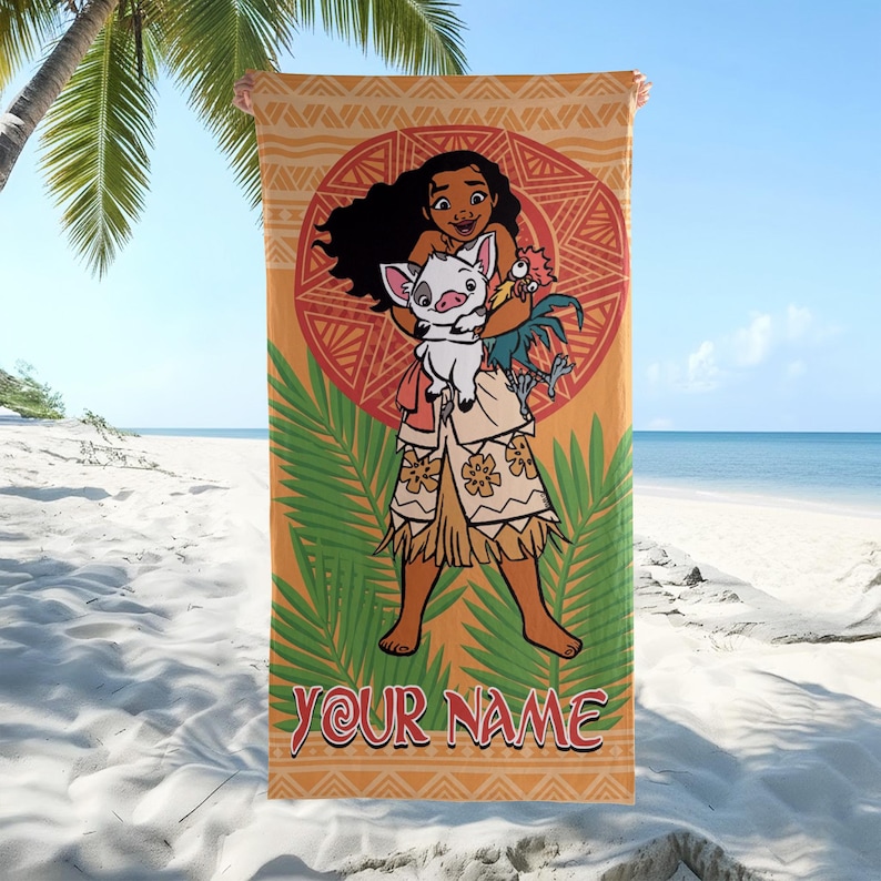 May include: A rectangular beach towel featuring a cartoon illustration of a girl with long dark hair holding a small white pig and a rooster. The design includes green palm leaves, a red circular pattern, and the text YOUR NAME in red letters.