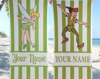Personalized Peter Pan & Tinker Bell Beach Towel, Disney Pool Towel, Summer Vacation Towel, Neverland Fan Gift