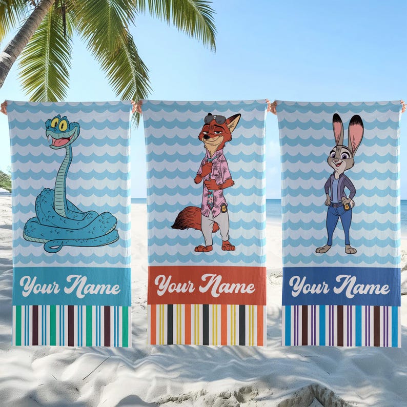 May include: Three rectangular beach towels featuring a light blue and white wavy pattern background. Each towel displays a cartoon character: a blue snake, a fox in a pink shirt, and a rabbit in a blue jacket. Each towel has the text Your Name.
