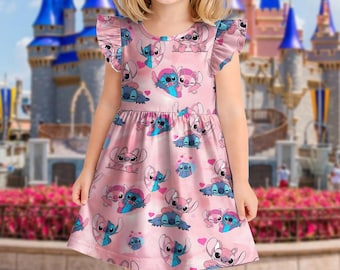 Stitch & Angel Ruffle Dress, Stitch and Angel Toddler Dress, Disney Birthday Outfit for Girls, Kids Summer Party Dress