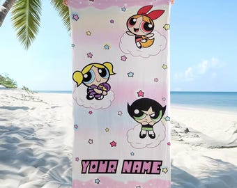 The Powerpuff Girls Beach Towel, Personalized Cartoon Pool Towel, Blossom Bubbles Buttercup Summer Vacation Towel, Girls Superhero Fan Gift