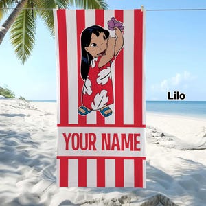 May include: A rectangular beach towel featuring vertical red and white stripes. The center displays a cartoon character with black hair wearing a red dress with white leaf patterns, holding a purple flower. The text YOUR NAME appears below.