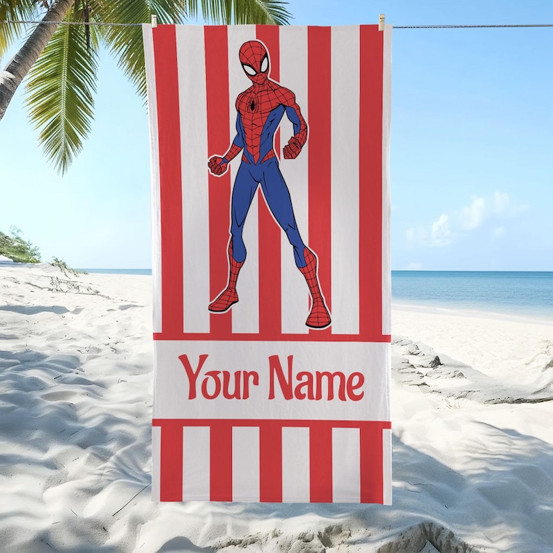 May include: A rectangular beach towel featuring a red and white vertical striped pattern. Centered on the towel is a graphic illustration of the superhero Spider-Man in a standing pose. Below the figure is a white horizontal band with the text Your Name.