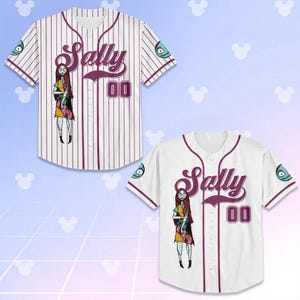 May include: Two baseball jerseys, one white with purple pinstripes and the other solid white. Both feature the name "Sally" in purple script, the number "00", and an illustration of Sally from The Nightmare Before Christmas.